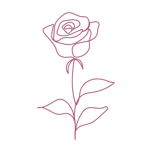 Line art drawing of single rose representing feminine embodiment, personal development work and online coaching for women