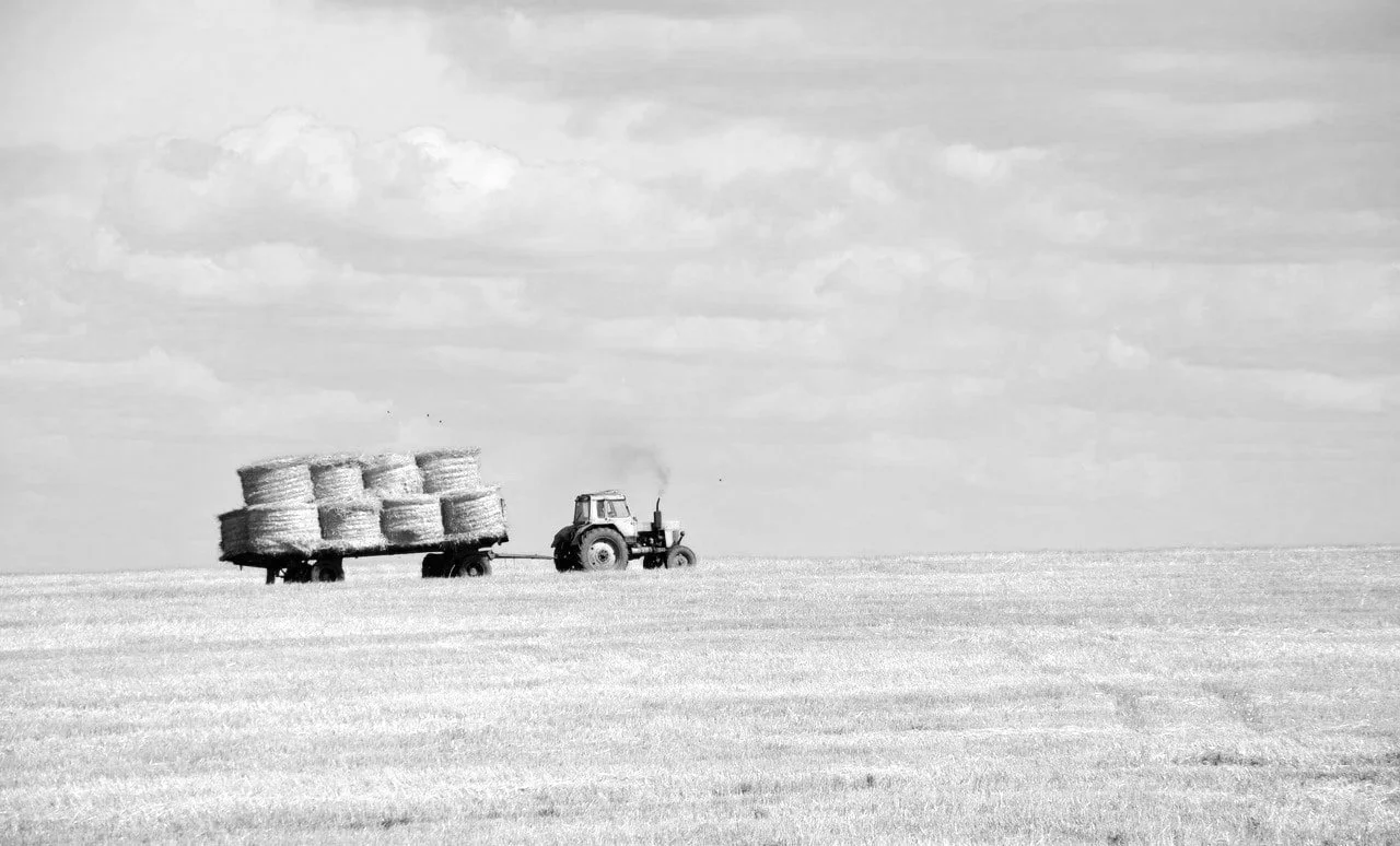 A tractor pulling a trailer with large hay bales in a vast open field under a partly cloudy sky.