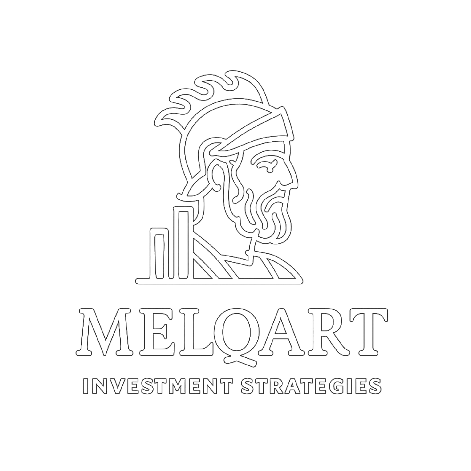 Neon-style outline of a face resembling a historical figure, with a book and bar graph behind, and the text 'MELOART INVESTMENT STRATEGIES' below.