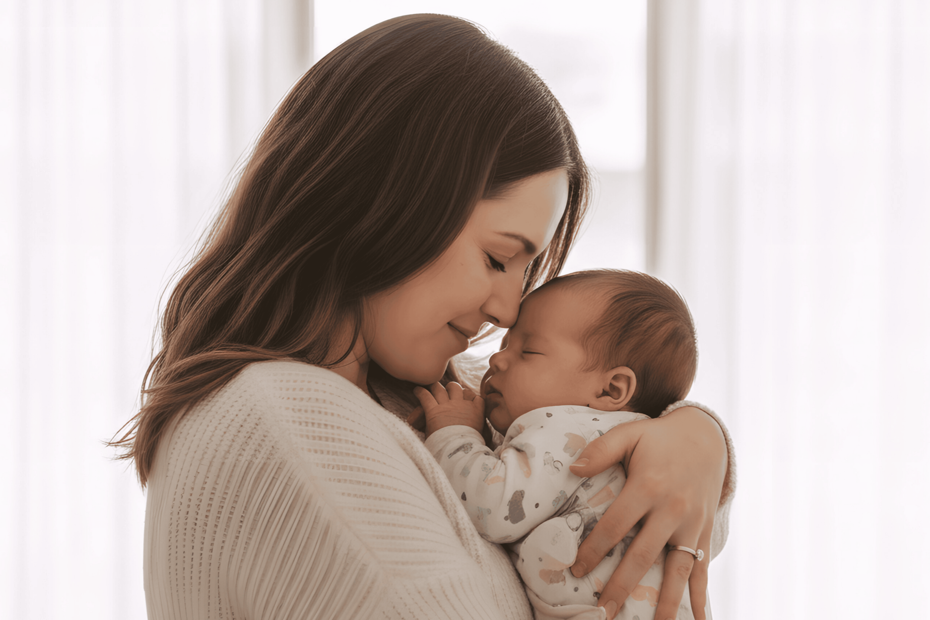 A mother holding a sleeping baby close.