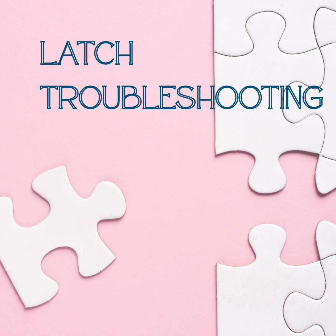 Pink background with white puzzle pieces and text that reads 'LATCH TROUBLESHOOTING'