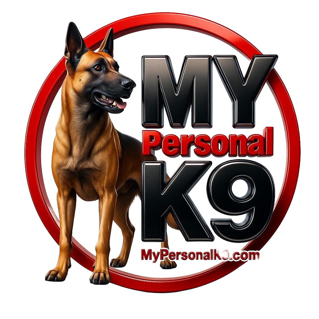A graphic featuring a Belgian Malinois dog with a red and black logo that reads "MyPersonalK9" and the website "MyPersonalK9.com".