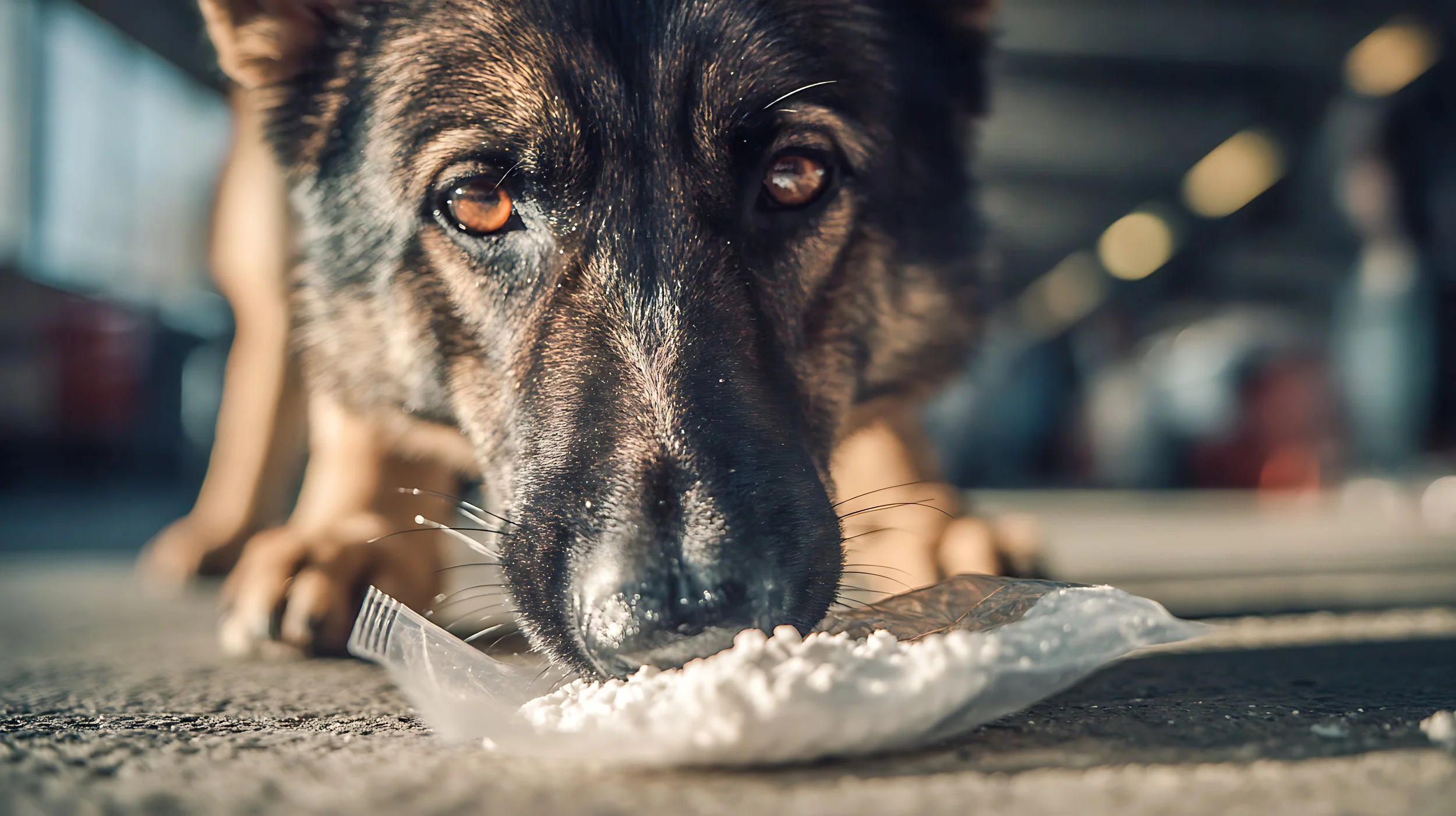 Close-up of a dog eating from a plastic bag on the ground, with a focused expression and blurred background.