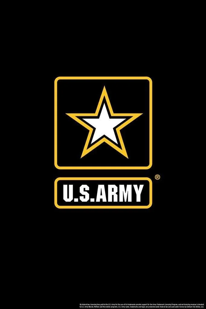 U.S. Army logo featuring a black background, a white star outlined in gold inside a square, and the text 'U.S. ARMY' in white with a gold border below.