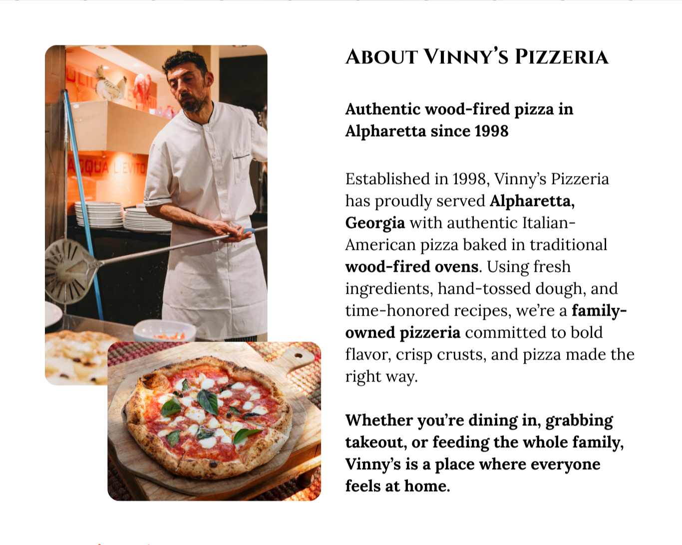 About page layout using behind-the-scenes photography to build trust, highlight craftsmanship, and humanize a family-owned pizza restaurant