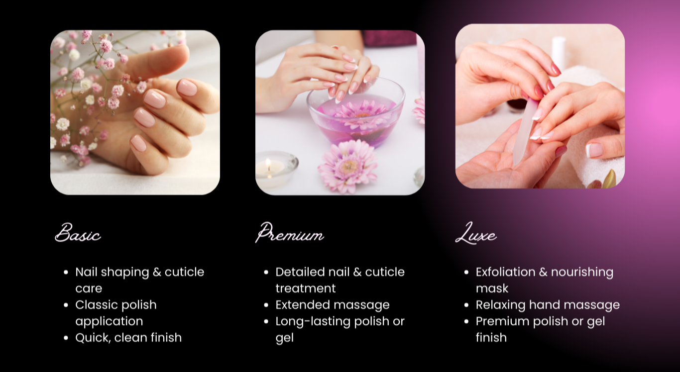 Tiered nail salon service cards demonstrating clear pricing structure and benefit-led decision making for faster bookings