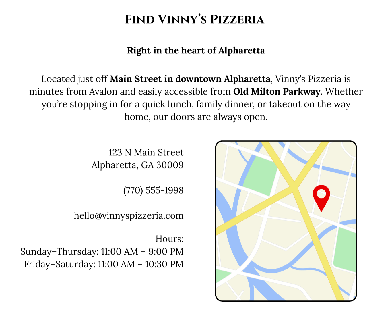 Location section grounding the brand in Alpharetta to strengthen local SEO, improve discovery, and encourage in-person visits