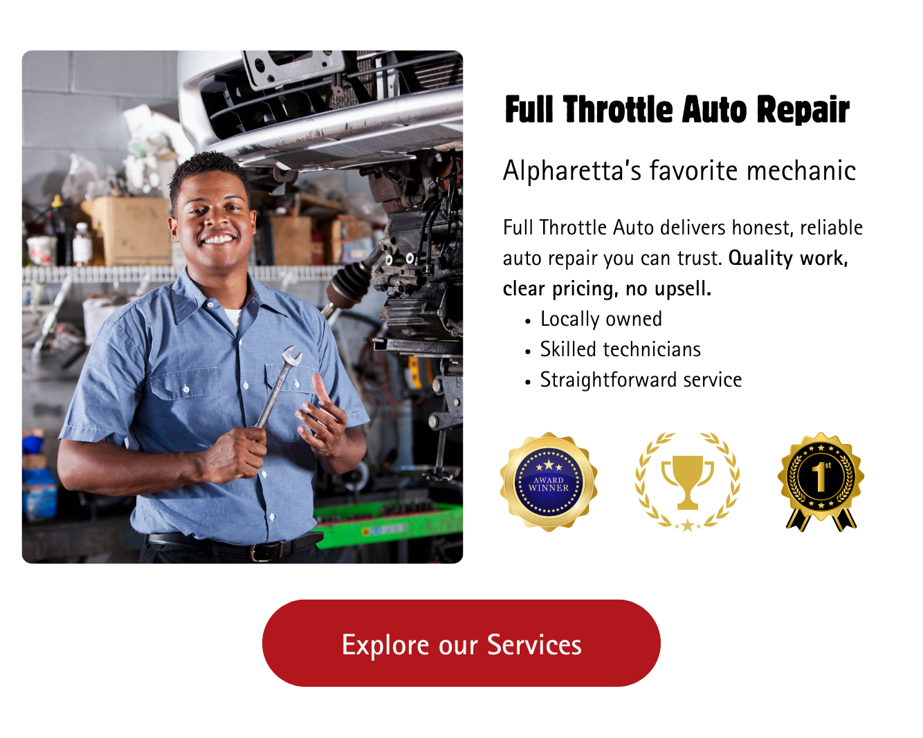 Trust-building homepage section featuring real technician imagery and certifications to establish credibility for an independent auto shop