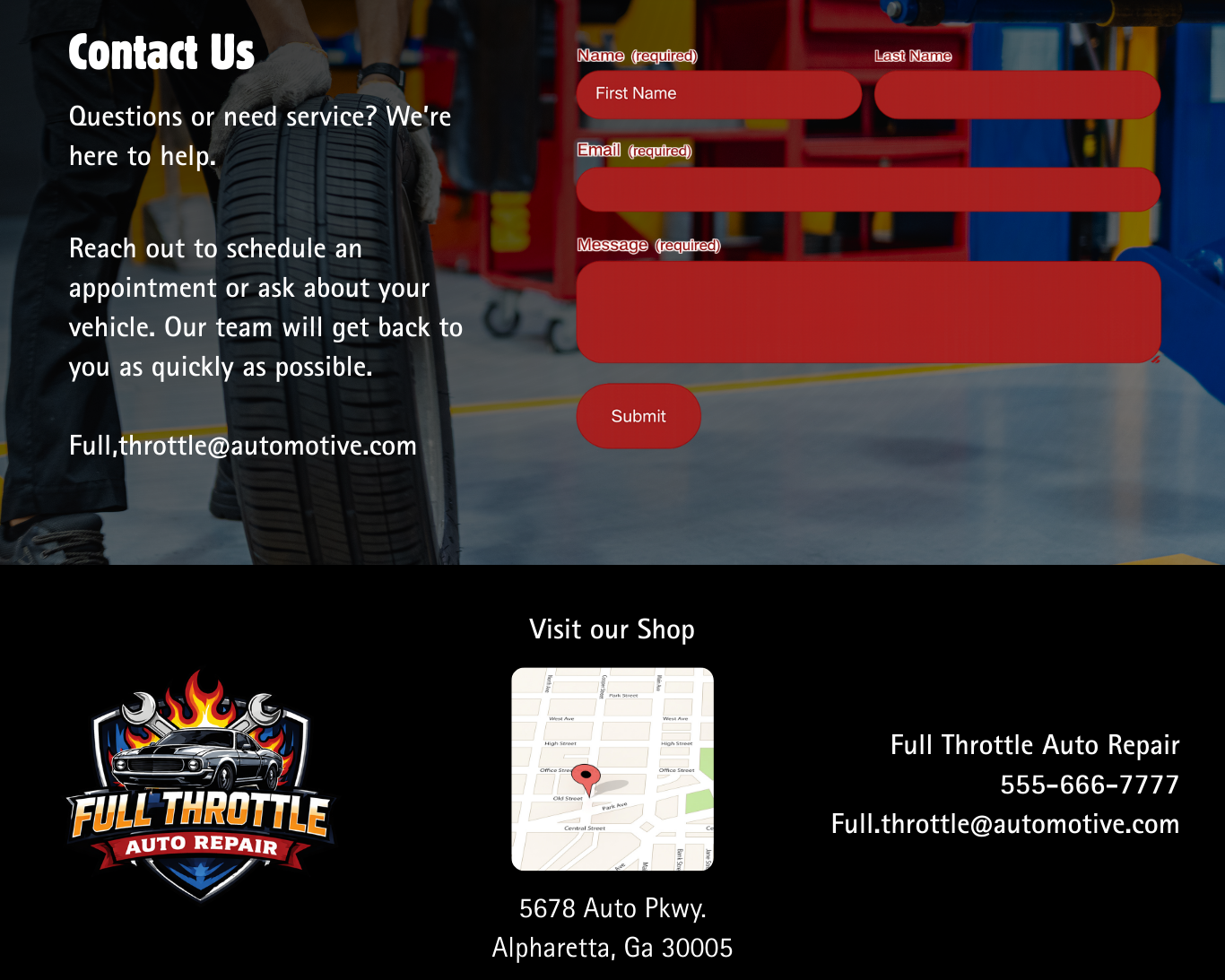 Local SEO section reinforcing service area relevance, contact accessibility, and immediate next steps for nearby auto repair searches
