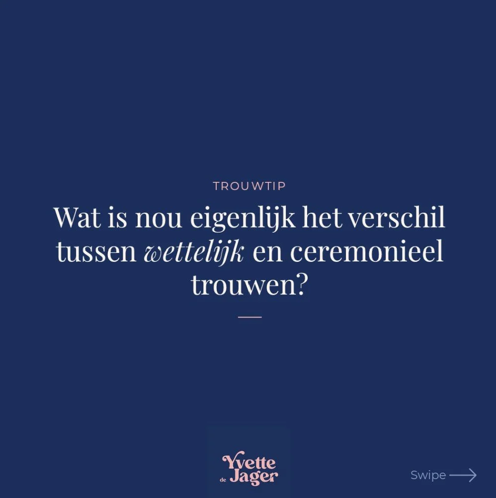 Wettelijk of ceremonieel trouwen. Wat is nou eigenlijk het verschil? En moet je kiezen?
No worries, ik heb het voor je op een rijtje gezet. Swipe ➡️ en ik leg het je uit!
Spoiler: je kunt het ook slim combineren. Het wettelijke stuk bij de gemeente e