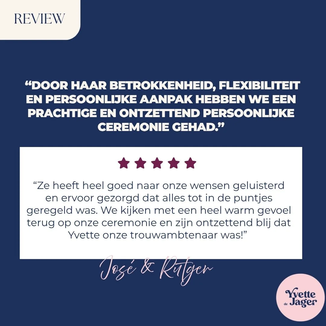 Mijn lieve bruidsparen aan het woord... 🎤

&ldquo;Door haar betrokkenheid, flexibiliteit en persoonlijke aanpak hebben we een prachtige en ontzettend persoonlijke ceremonie gehad. Ze heeft heel goed naar onze wensen geluisterd en ervoor gezorgd dat 