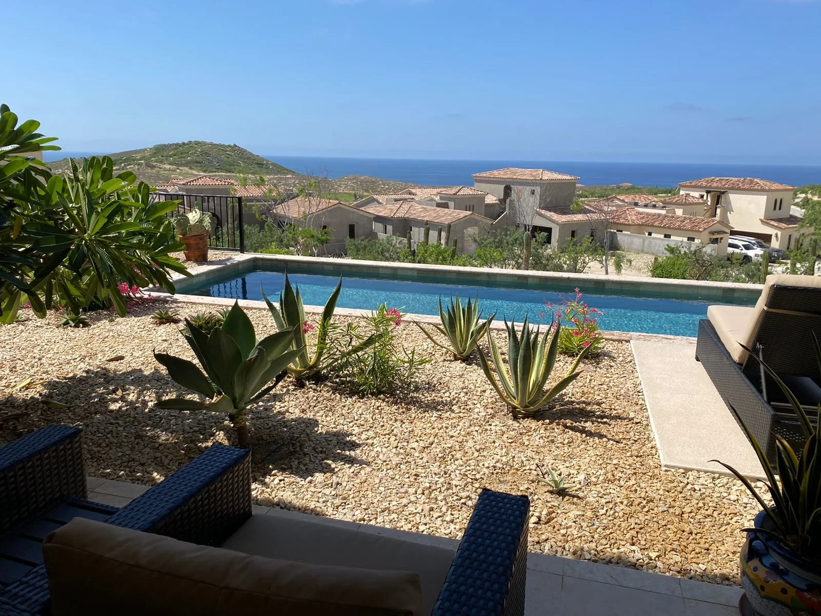 View of a backyard pool with surrounding desert plants, overlooking houses, hills, and the ocean in the distance on a sunny day.