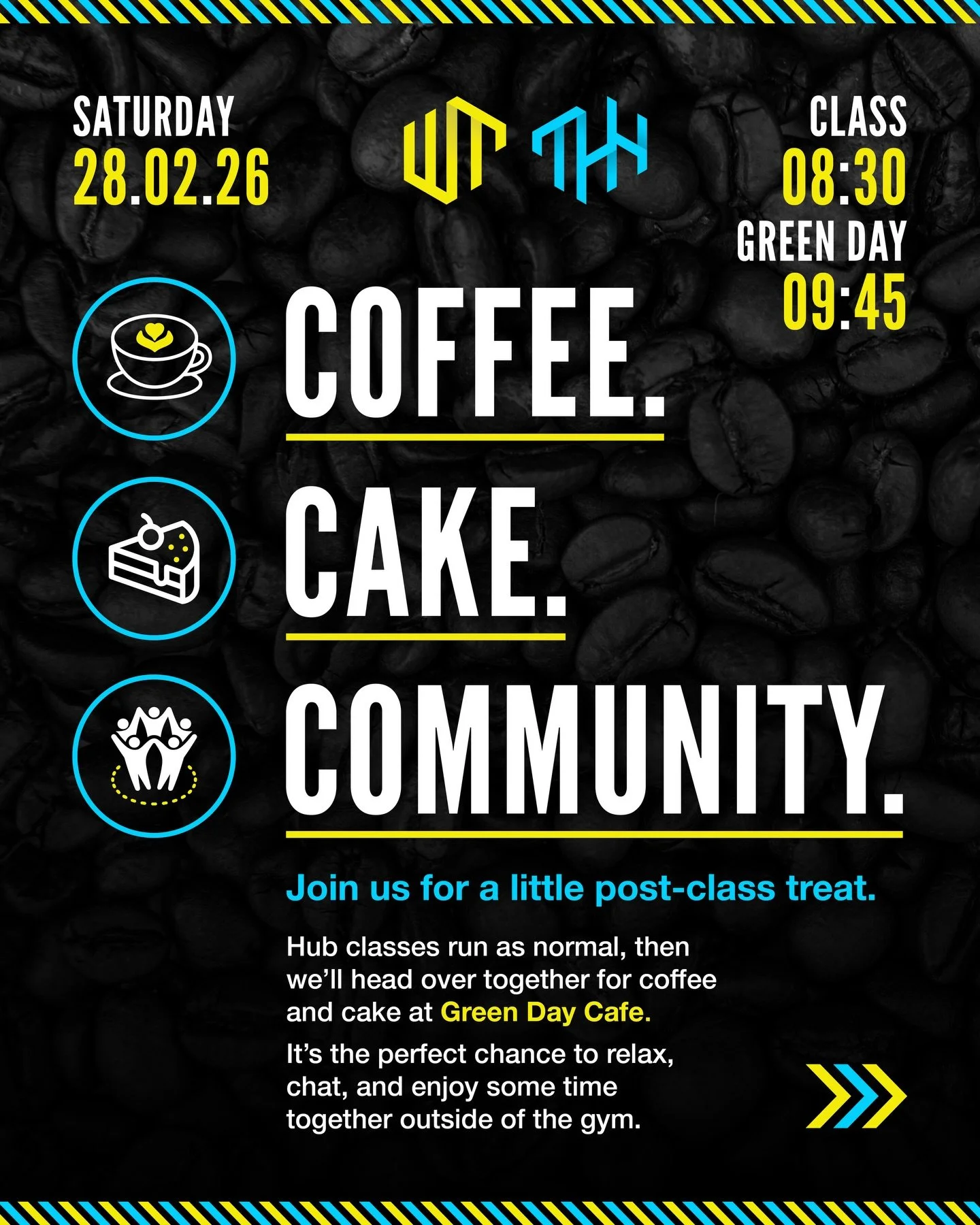 ☕️🧁COFFE, CAKE, COMMUNITY 🧁☕️

28/02/2026 🗓️
0️⃣8️⃣:3️⃣0️⃣ Class 
0️⃣9️⃣:4️⃣5️⃣ Green Day Cafe 
&pound;6 to be paid at the gym in cash 💰 

2026, the year of several socials and giving our community more than ever 💛💙

LET&rsquo;S GO CHAMP 👊🏻
B
