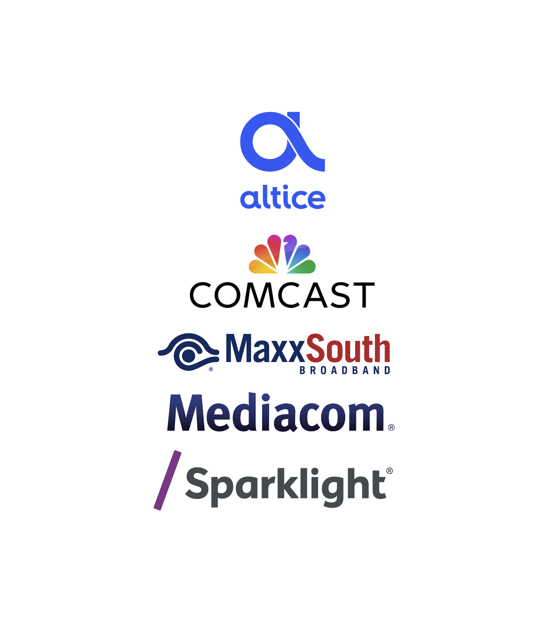 Logos of communication and media companies, including Altice, Comcast, MaxxSouth Broadband, Mediacom, and Sparklight, arranged vertically.