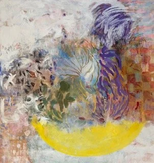 Abstract painting with a large yellow semi-circle at the bottom, various colors and textures, including purple, blue, green, and pink, and overlapping brushstrokes.