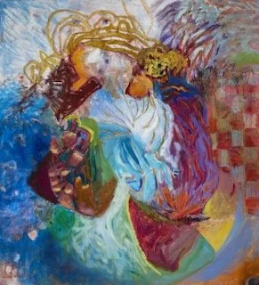 Abstract painting featuring a white figure with a dragon head, surrounded by vibrant colors and patterns.