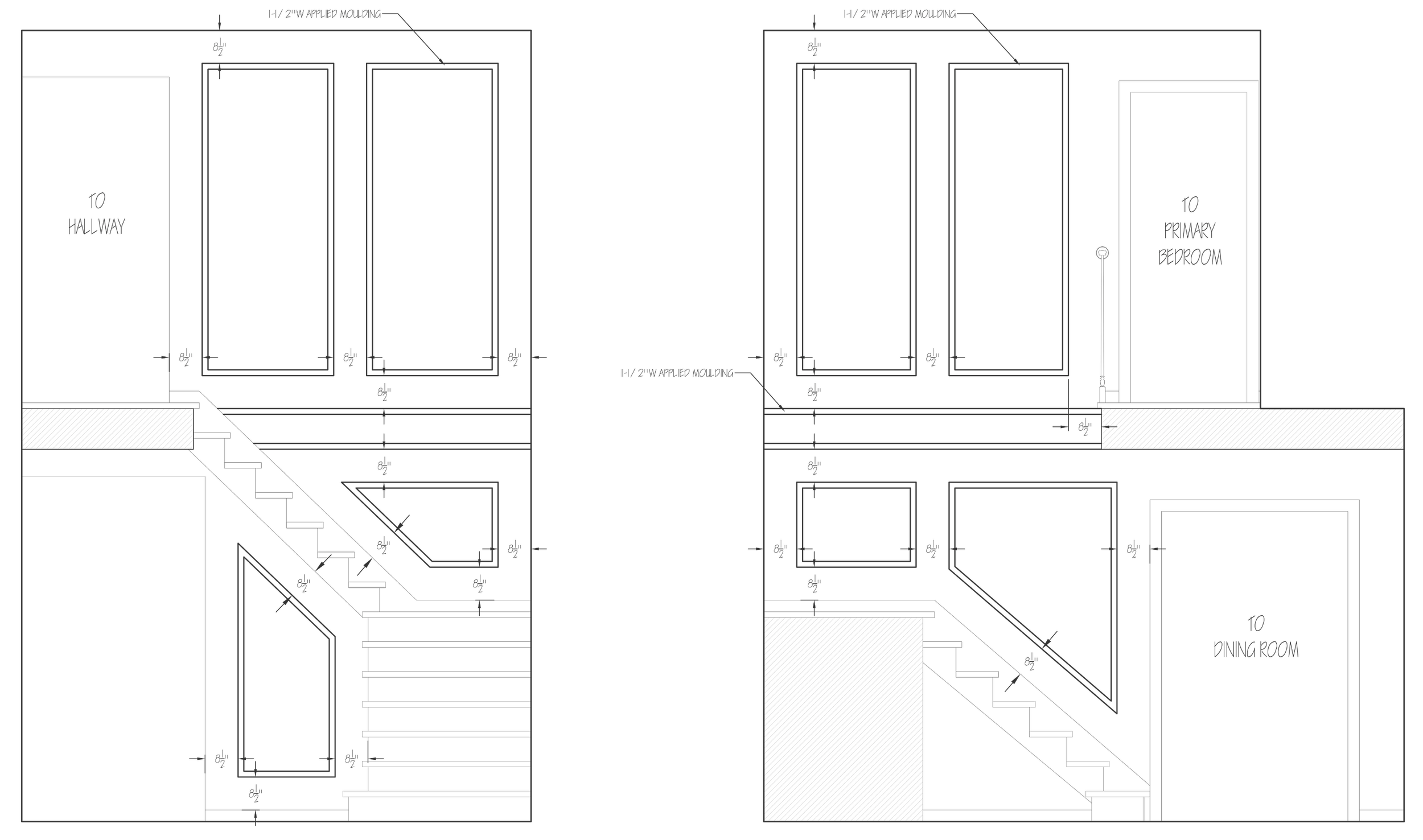 Architectural drawing showing staircases, windows, room labels, and dimensions for a house interior, including hallways, bedrooms, a dining room, and details for molding and flooring.