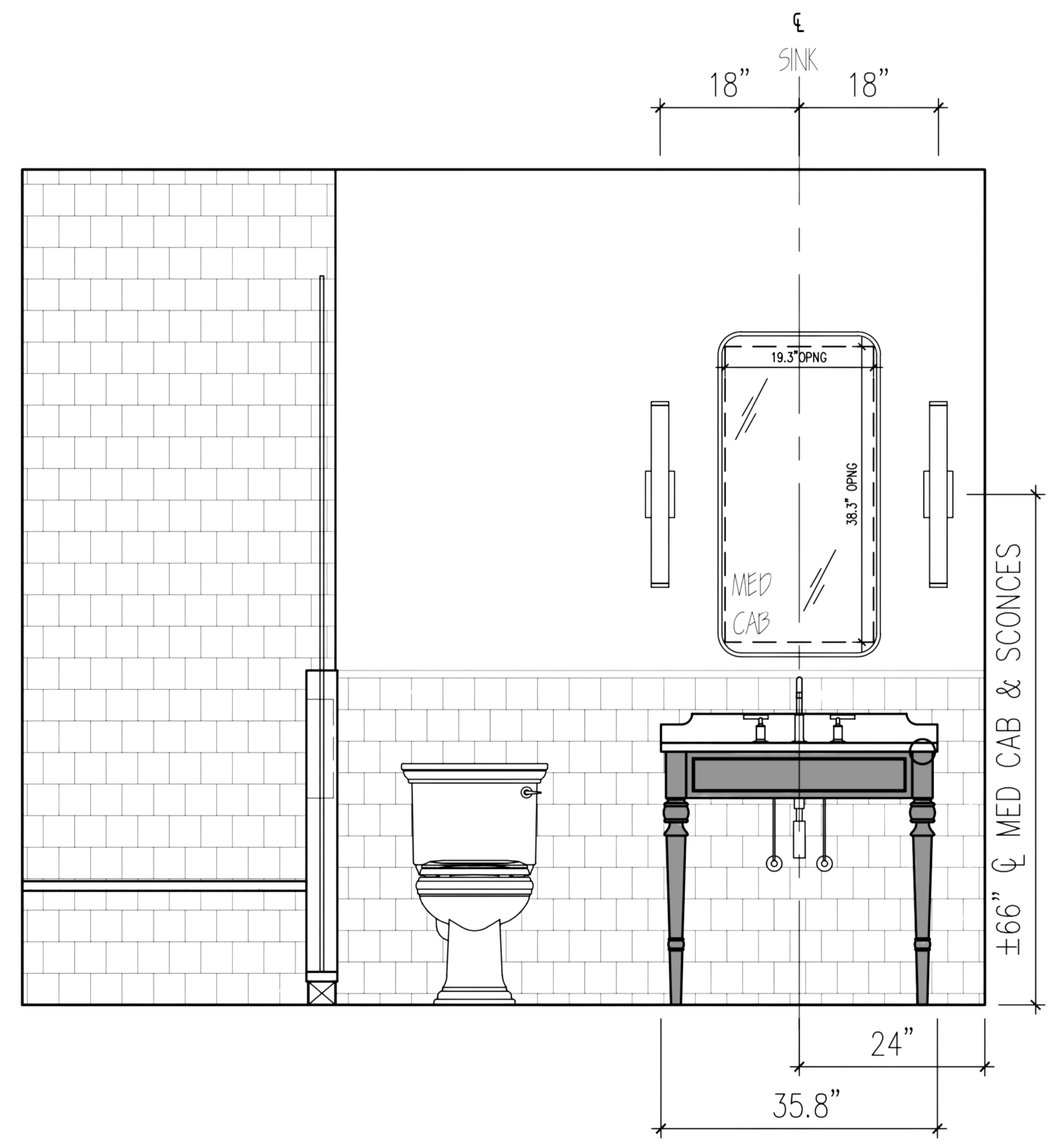 Architectural drawing of a bathroom layout, showing a toilet, a sink with a countertop, mirrored cabinet, and tiled walls with specific measurements.