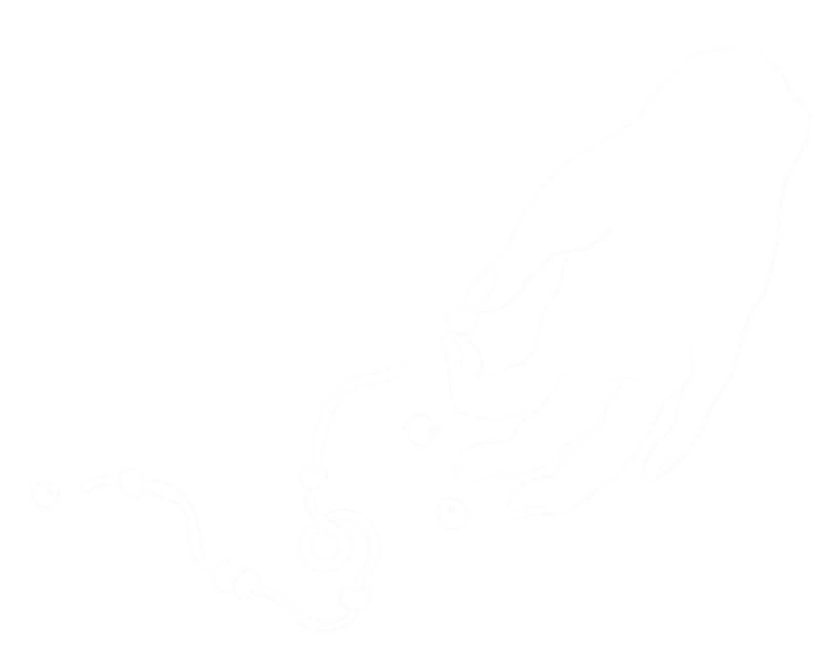 A line drawing of a hand dropping beads, with a string of beads on the ground.