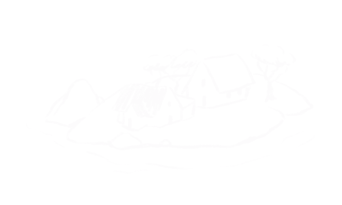 A black and white sketch of a small island with two houses, trees, and surrounding water.