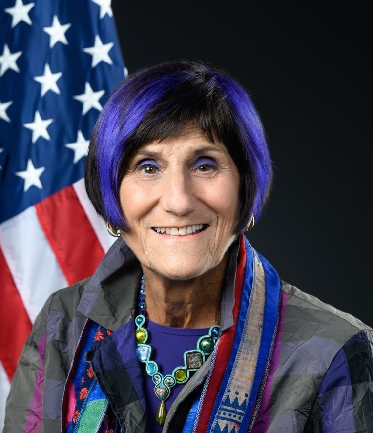 A woman with short black and purple hair, wearing a colorful necklace, a patterned jacket, and standing in front of an American flag.