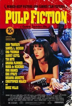 Close-up of Mia Wallace, a woman with short dark hair, sitting at a table with a rotary phone, a pack of cigarettes, and playing cards, from the movie poster for Pulp Fiction.
