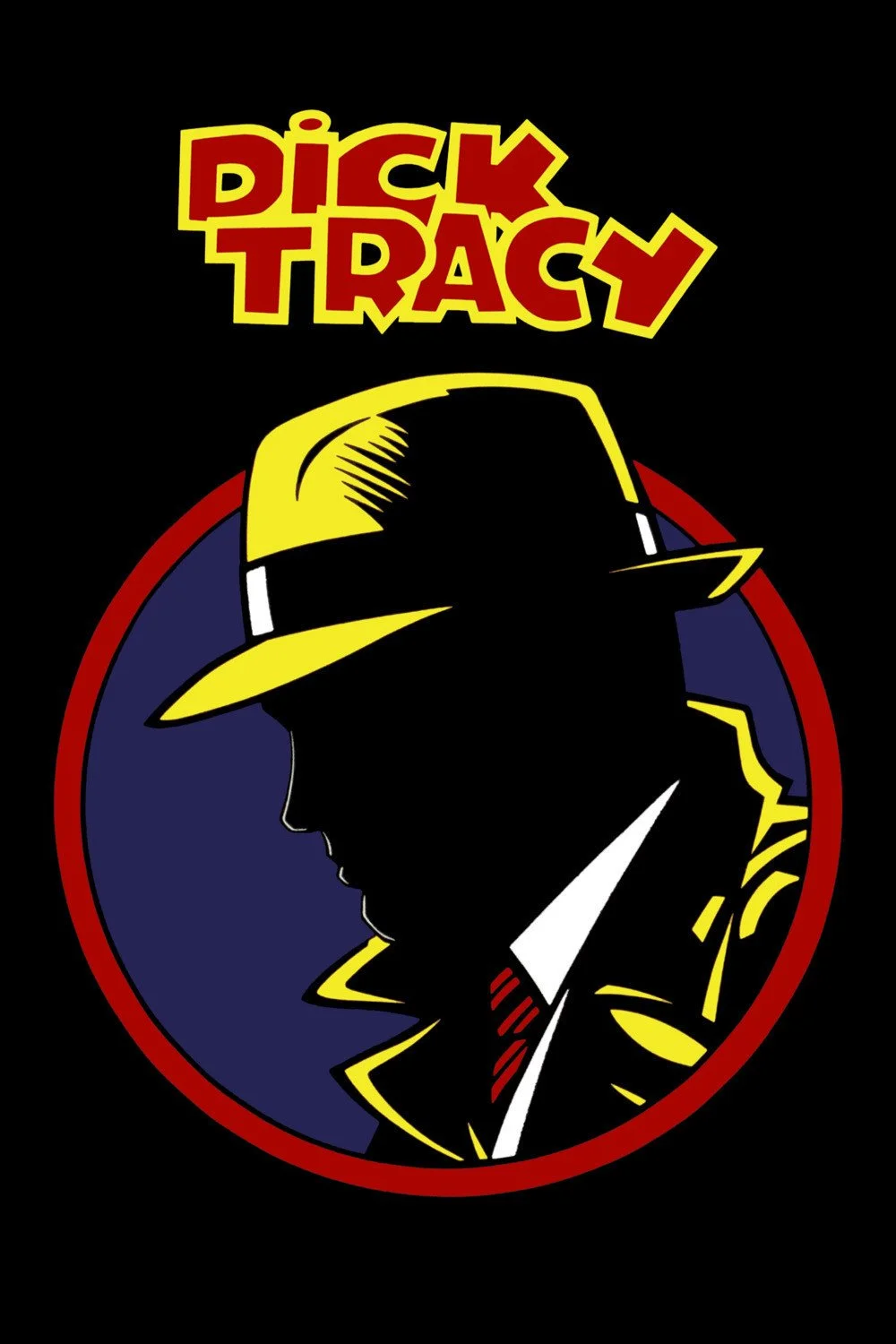 Graphic illustration featuring a silhouette of a person wearing a yellow hat and trench coat against a dark background, with bold red and yellow text reading 'Dick Tracy' at the top.