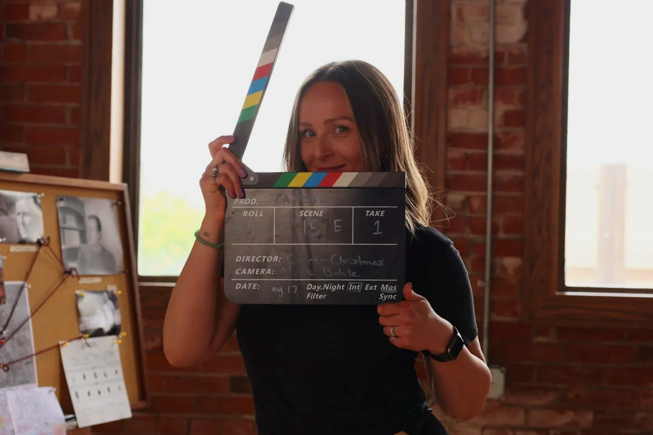 	
there are no squirrels in lethbridge. a behind the scenes image from the indie film. directed by conner christmas, starring nick bohle. pictured is first assistant camera Christine Huisman photo by Annie Stehr