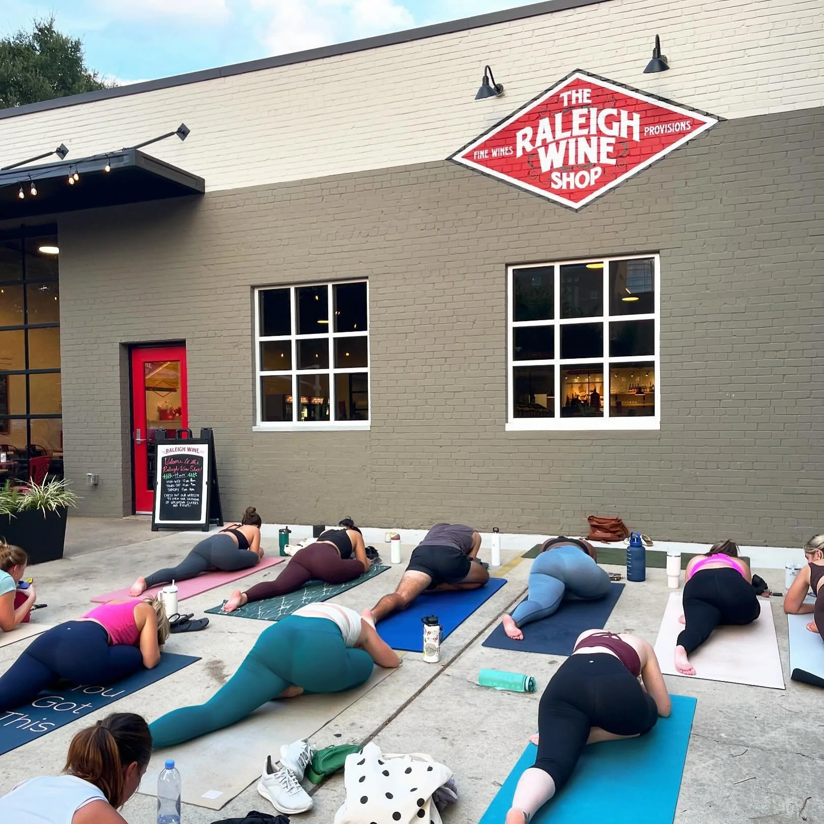 It&rsquo;s outdoor yoga weather and we are taking full advantage of it! 🌞

Wine Wednesday Yoga @raleighwineshop is one of our favs! Bc post-class wine just makes sense. 

See ya next week - 5/15 @ 6pm (45-minute flow + wine included) PLUS, all proce
