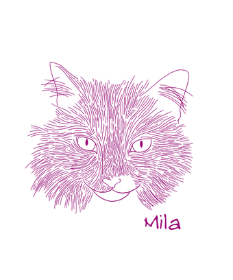 Line drawing of a cat's face with the name 'Mila' written in cursive below, all in purple.