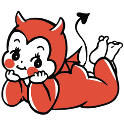 Signature logo: cartoon devil lying on stomach with chin resting in hands, smiling.
