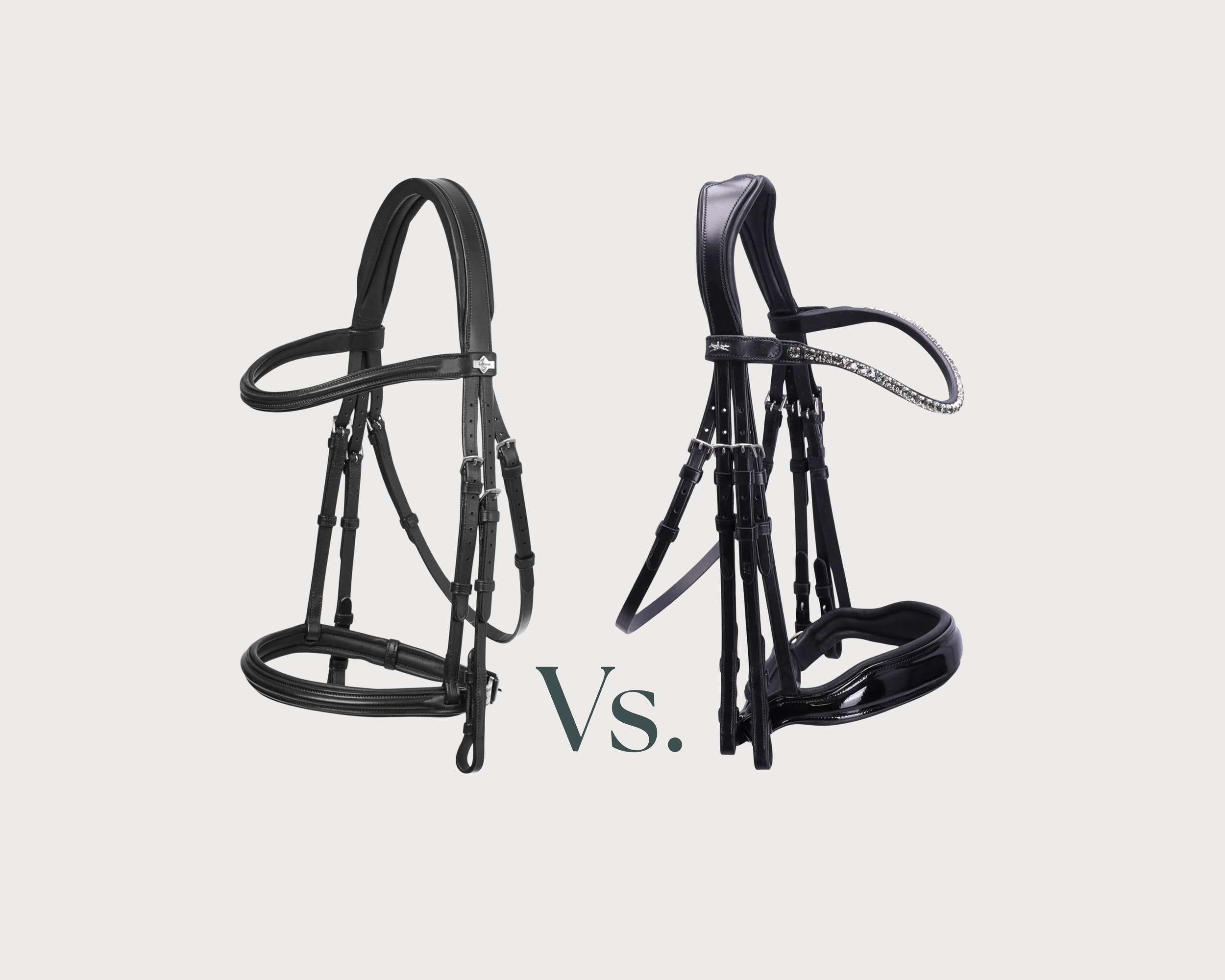Comparison of two black equestrian bridles, one on the left with a plain design and one on the right with rhinestone details, separated by a "VS."