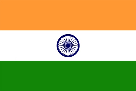 Indian flag with orange, white, and green horizontal stripes and a navy blue Ashoka Chakra in the center of the white stripe.