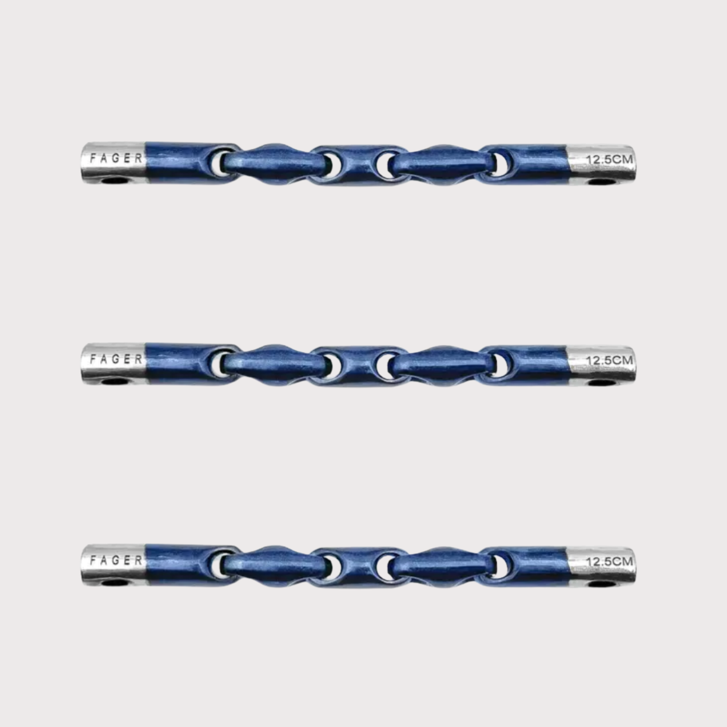 Three identical blue flexible chains with metal connectors, labeled 'FAGER' and '12.5CM' at the ends, arranged horizontally on a plain background.