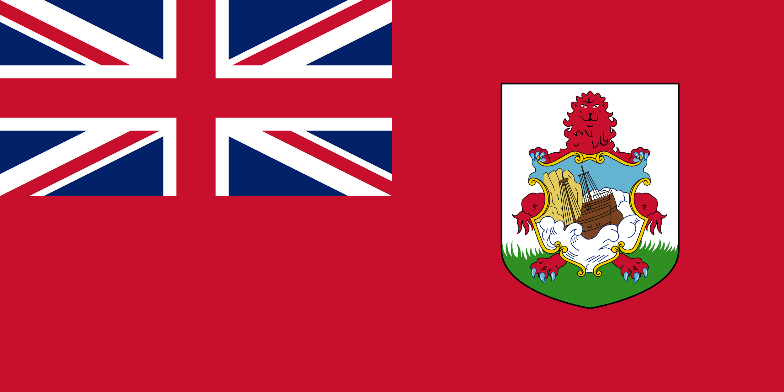 The flag of Bermuda with a red background, a Union Jack in the upper left corner, and the Bermuda coat of arms featuring a red lion holding a shield with a ship.
