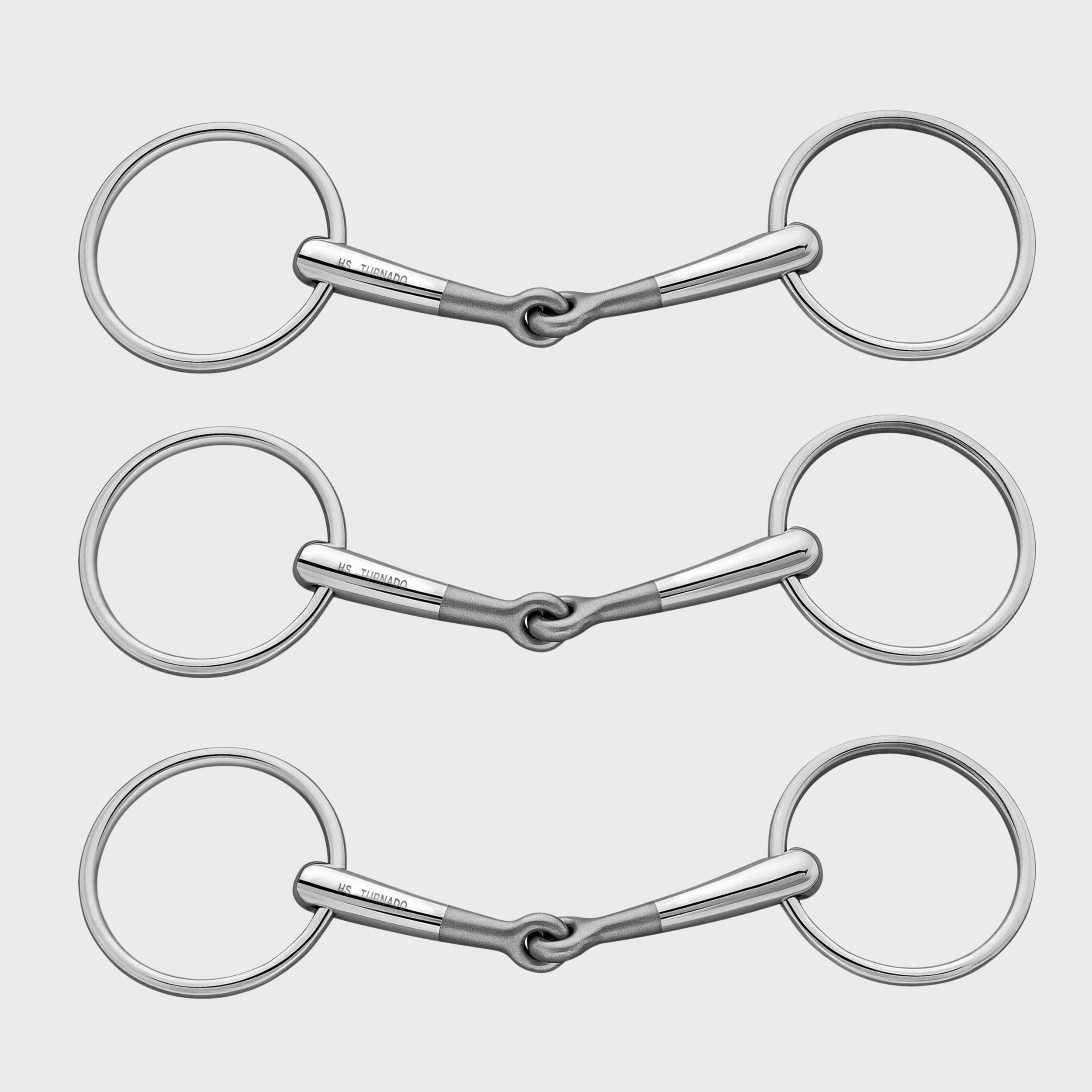 Three pairs of metal horse bits arranged vertically on a white background.
