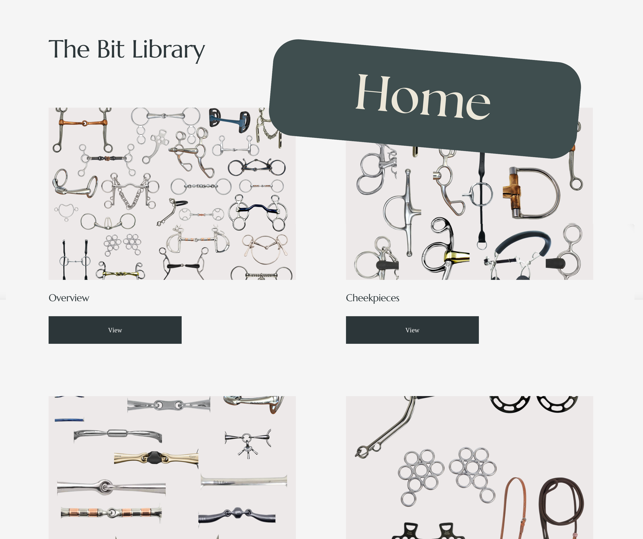 Screenshot of a website titled "The Bit Library," showcasing various metal hardware pieces including bit, buckle, and clasp hardware, categorized into sections like "Overview" and "Cheekpieces," with buttons labeled "View."