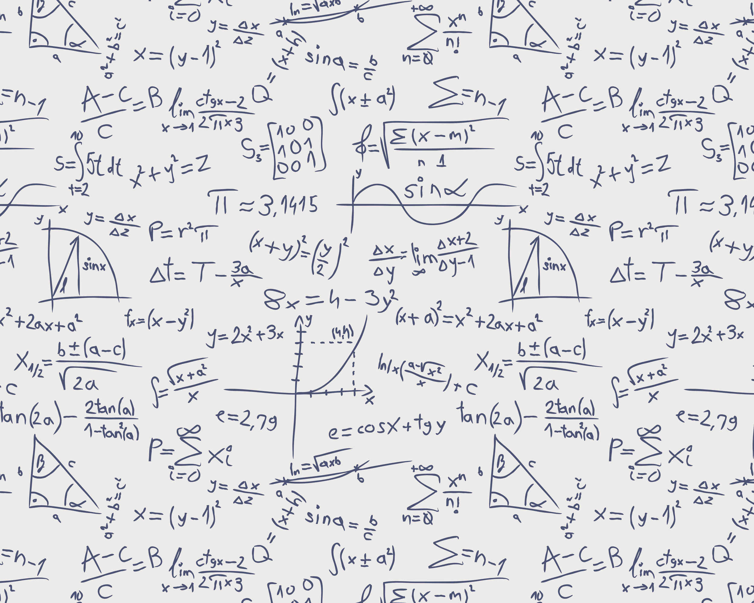 A pattern of handwritten mathematical equations and graphs on a white background.