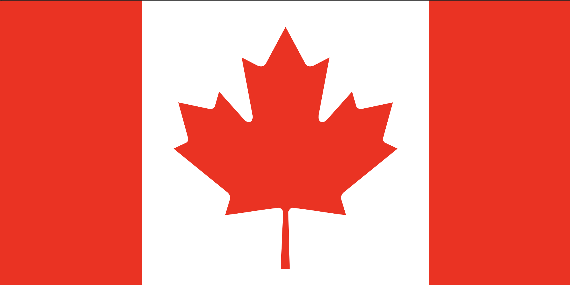 Canadian flag with red stripes on the sides and a red maple leaf in the center on a white background.
