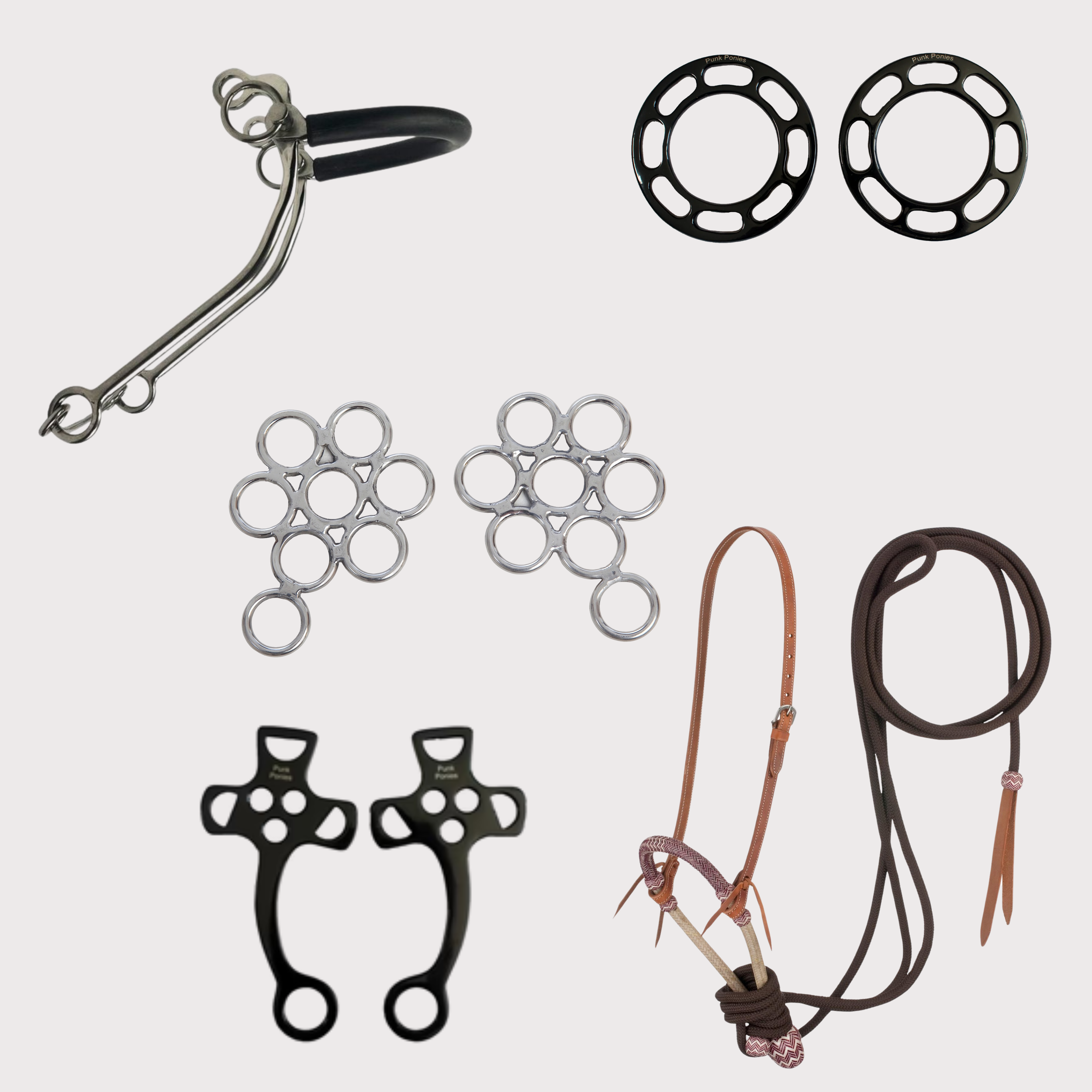 Horse riding equipment including a hackamore, bosal, side pull, and other bitless bridles