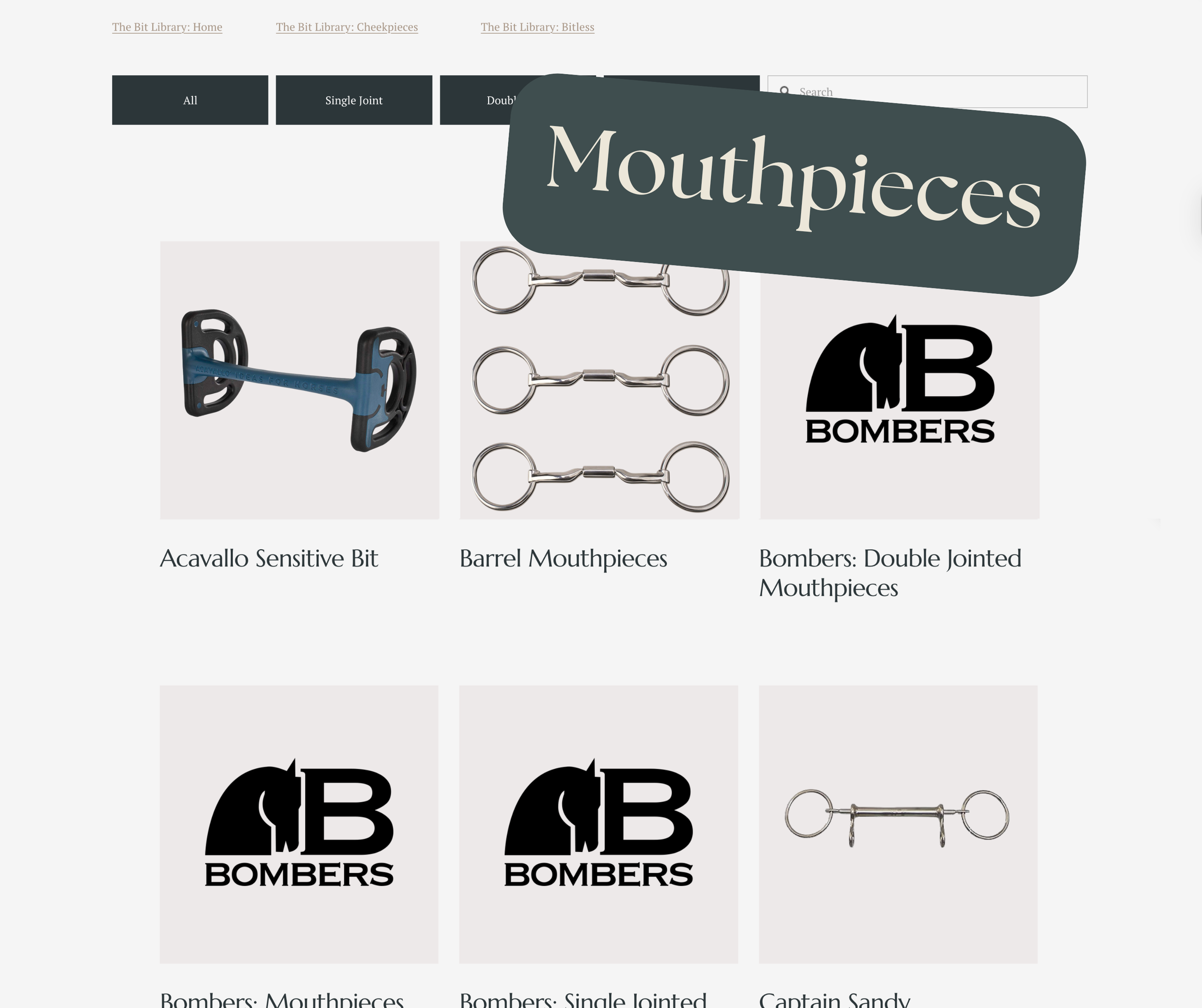 A webpage displaying various horse mouthpieces, including an Acavallo Sensitive Bit, Barrel Mouthpieces, Bombers Double Jointed Mouthpieces, Bombers Single Jointed Mouthpieces, and Captain Sandy. There are tabs at the top for different types of mouth
