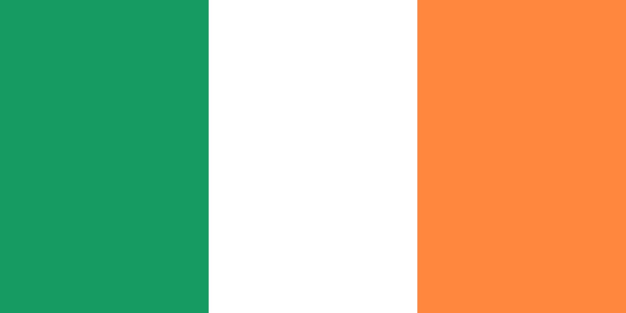 The flag of Ireland with vertical stripes of green, white, and orange.