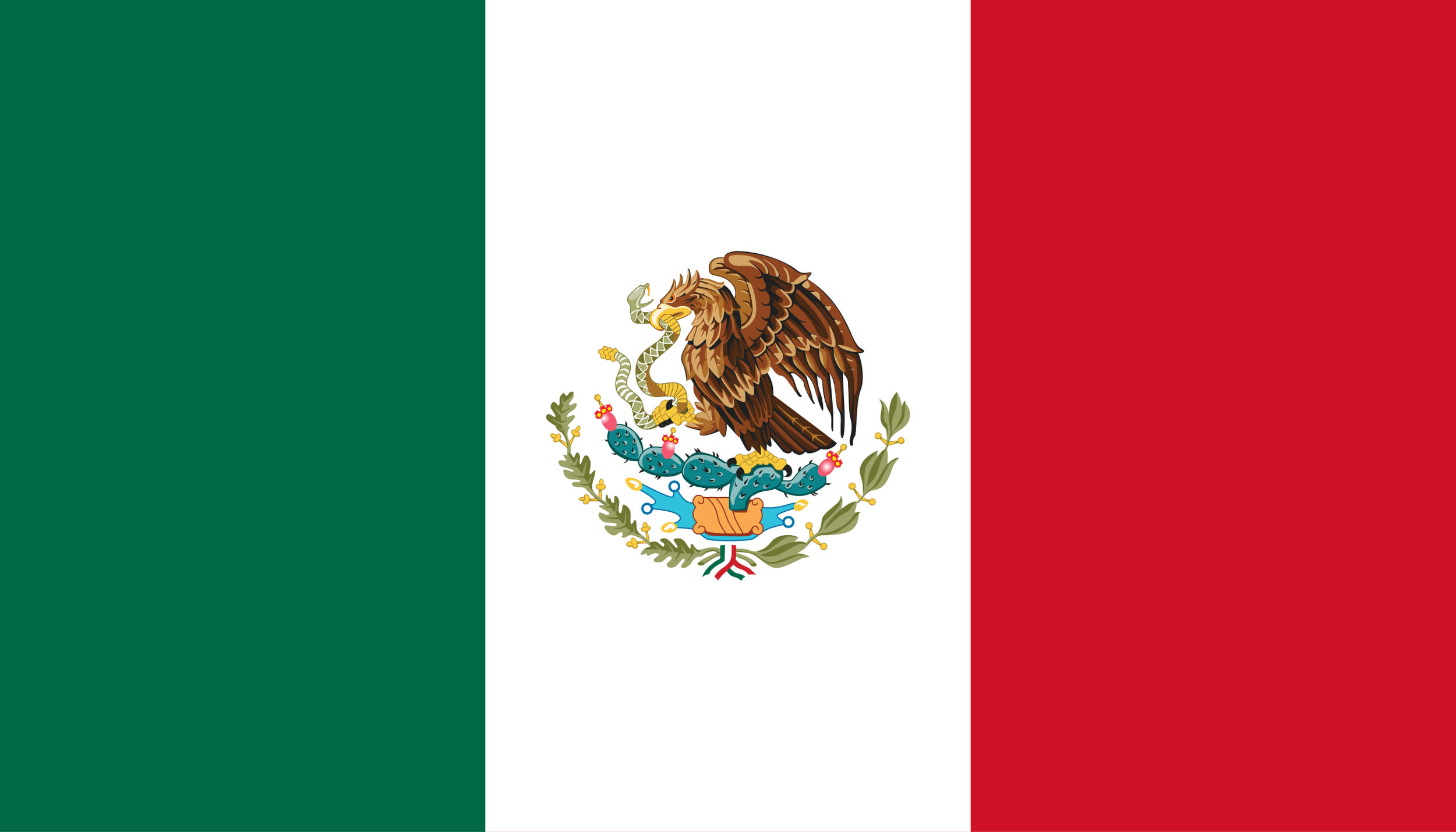 The flag of Mexico, featuring vertical green, white, and red stripes with a coat of arms in the center showing an eagle perched on a cactus with a snake in its beak.
