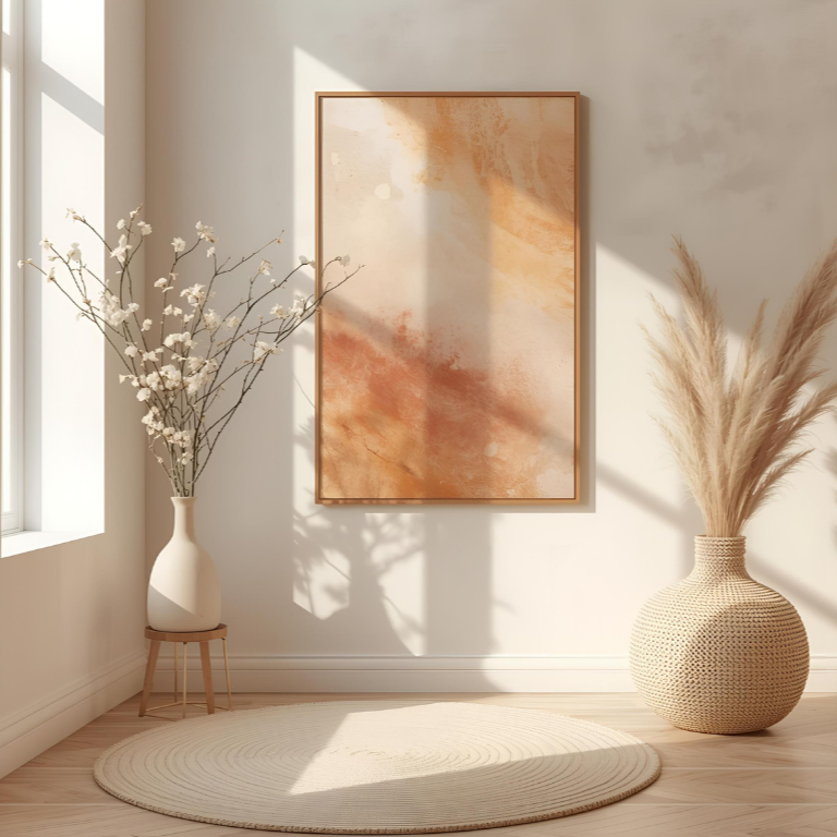 Ein helles, minimalistisch eingerichtetes Zimmer mit einem großen, abstrakten Kunstwerk in warmen Erdtönen an der Wand, einem weißen Vasen mit weißen Zweigen auf einem kleinen Holzständer und einem großen geflochtenen Korb mit Pampasgras, Sonnenschein strömt durch das Fenster