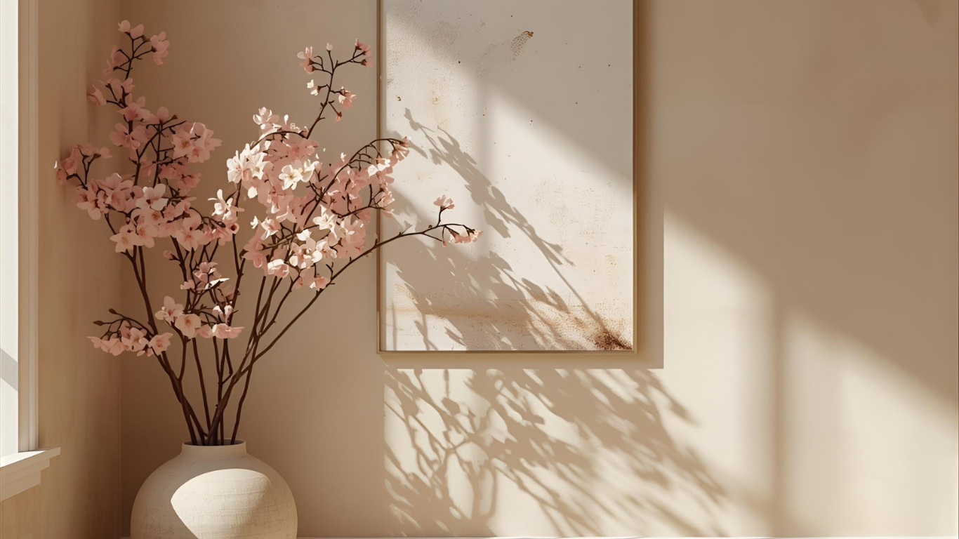 Vase mit pinken Kirschblüten vor einer Wand mit einem Wandbild, Schatten der Blüten an der Wand. Das Licht scheint durchs Fenster. Hoffnung und The Art of Coming Back.
