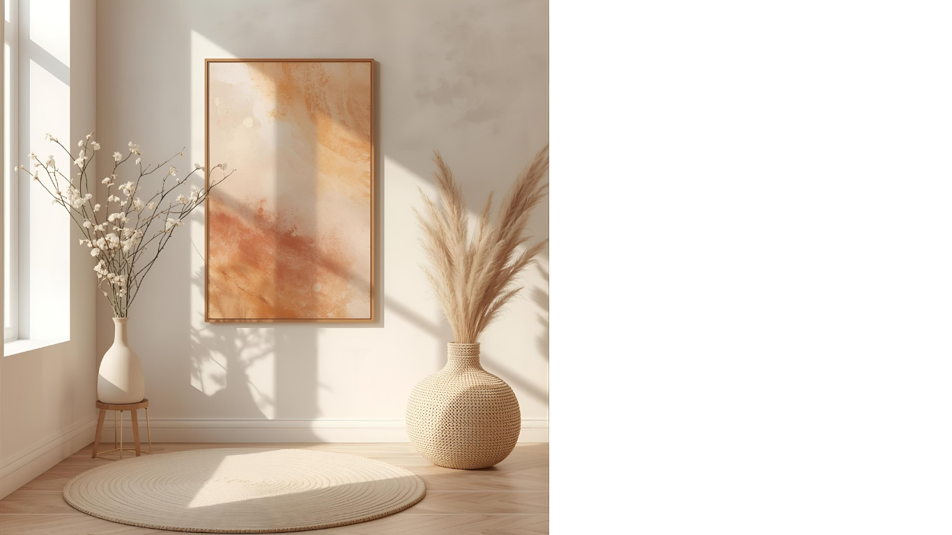 Ein sonnendurchfluteter Raum mit einem weißen Wand, auf dem ein abstraktes Kunstwerk in warmen Orangetönen hängt. Im Vordergrund steht ein großer, runder, beige Korb-Vase mit getrockneten Pampasgras, daneben eine weiße Vase mit Zweigen mit weißen Blüten auf einem kleinen, holzfarbenen Stuhl. Auf dem Boden liegt ein runder, hellbeiger Teppich.