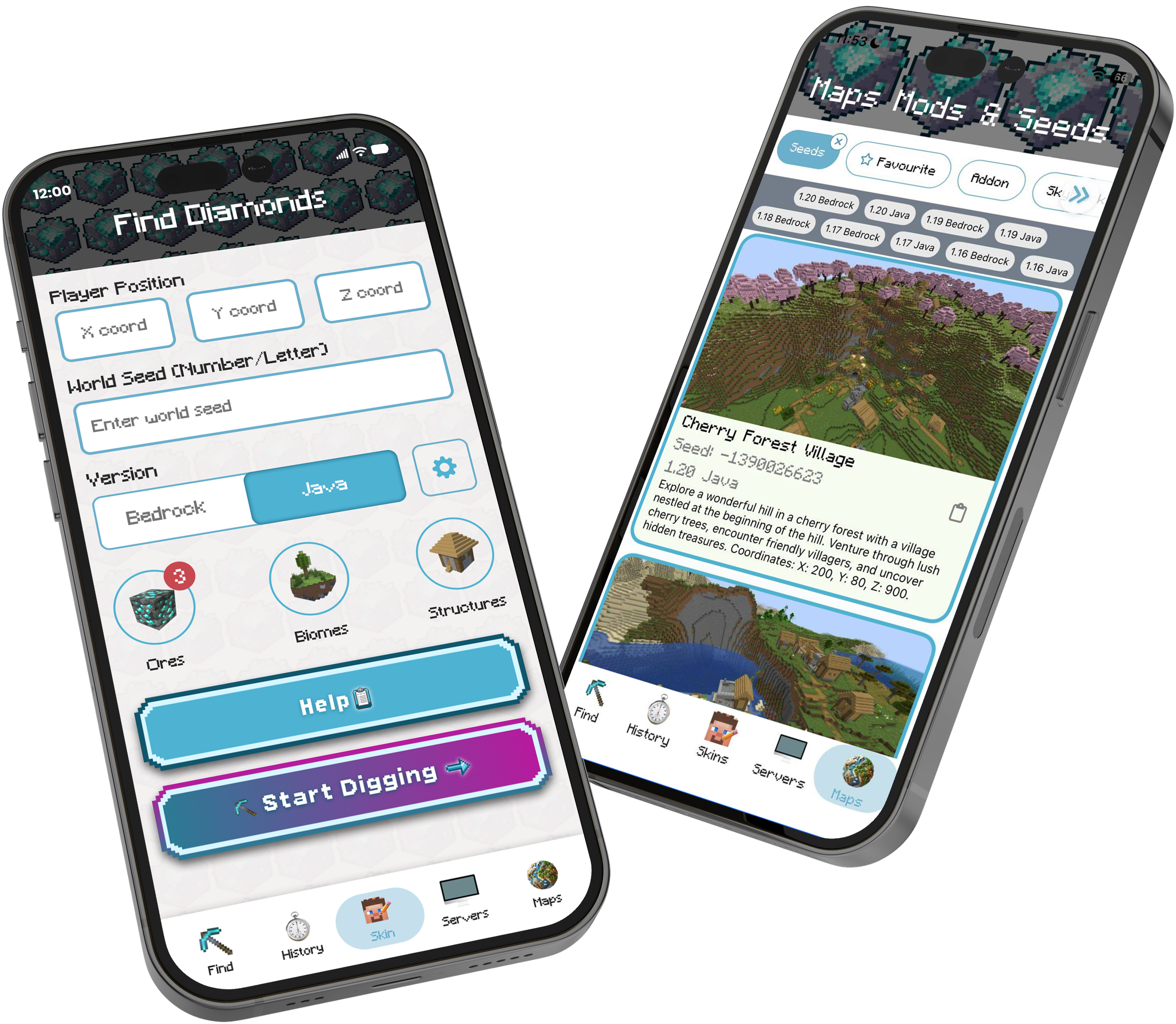 Minecraft ore finder app displayed on smartphones