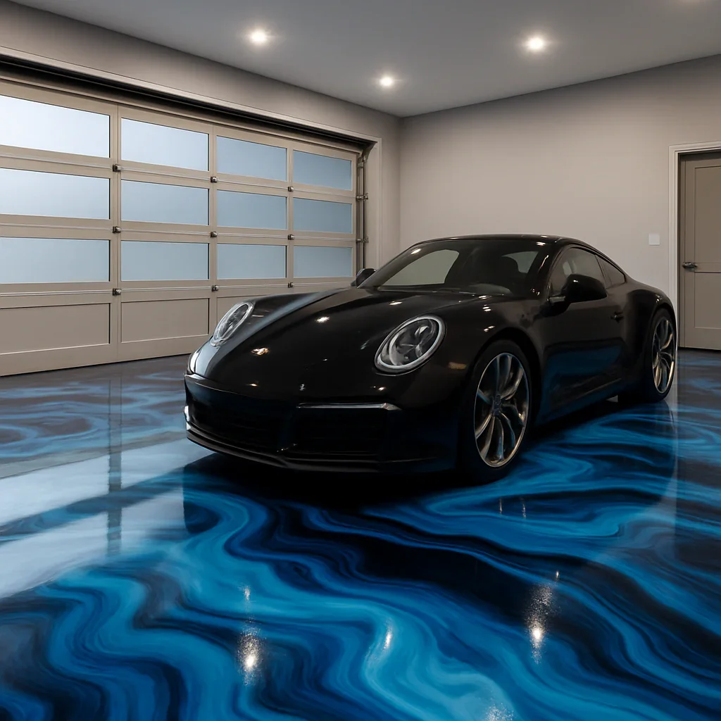 A black sports car parked inside a garage with a custom blue marble patterned floor.
