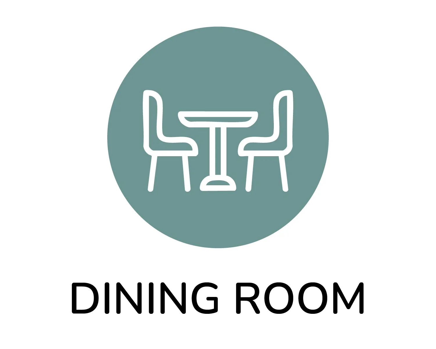 Icon of two chairs and a table inside a grey circle with the text "Dining Room" below.