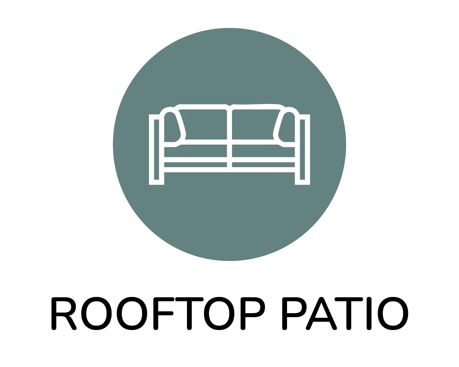 Icon of a sofa inside a circle, with the text "ROOFTOP PATIO" below.